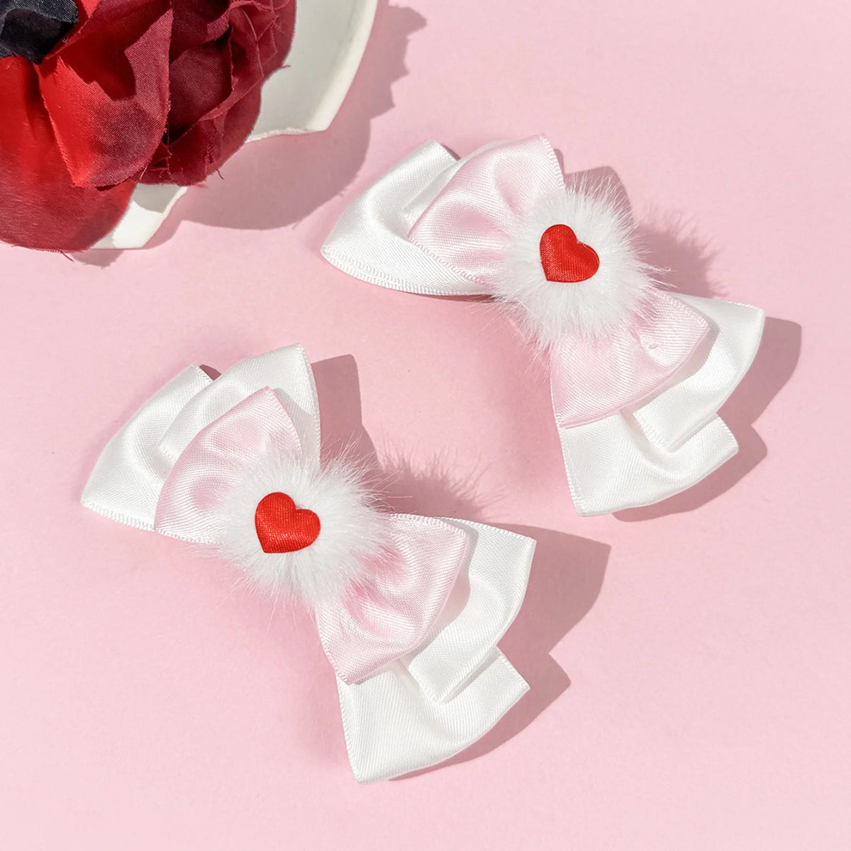Hnewly  1 Pair Red Heart & Pom-pom Bow Hair Clips, Sweet & Girly, Valentine's Day Hair Accessories, Cute & Versatile Side Clips for Pigt