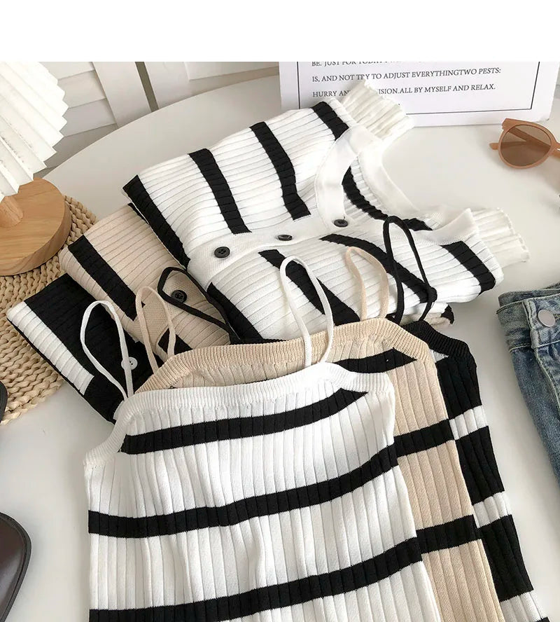 Hnewly  Women's Striped Knitting Cardigan Single Breasted Long Sleeved Sweater+Spaghetti Straps Vest Spring Autumn Korean Top 2pcs
