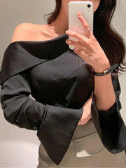 Hnewly FALL OUTFITS Elegant Women Sexy Korean One Black Top Spring Summer Leisure Versatile Women's Off The Shoulder Long Sleeved White Blouses