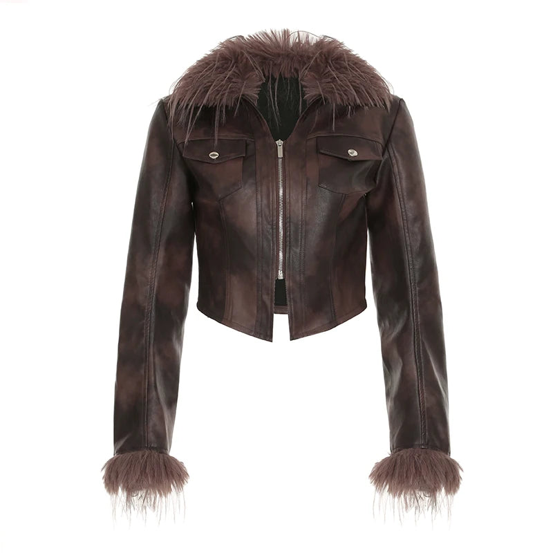 Hnewly winter club outfits Streetwear Faux Collar Women Moto Style Jackets Autumn Long Sleeve Fashion Chic Design Short Leather Coat