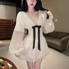 Hnewly  White Dresses for Women V Neck Lantern Sleeve Spring Fall Vestidos Mujer Sexy Retro Korean Fashion Mini Dress