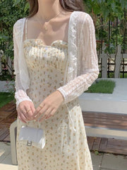 Hnewly  Women's Lace Cardigan Tie-up Ruffled Lace Trim Long Sleeve See-Through Mesh Crop Top Shrug Cardi Spring Summer Cute Outfit