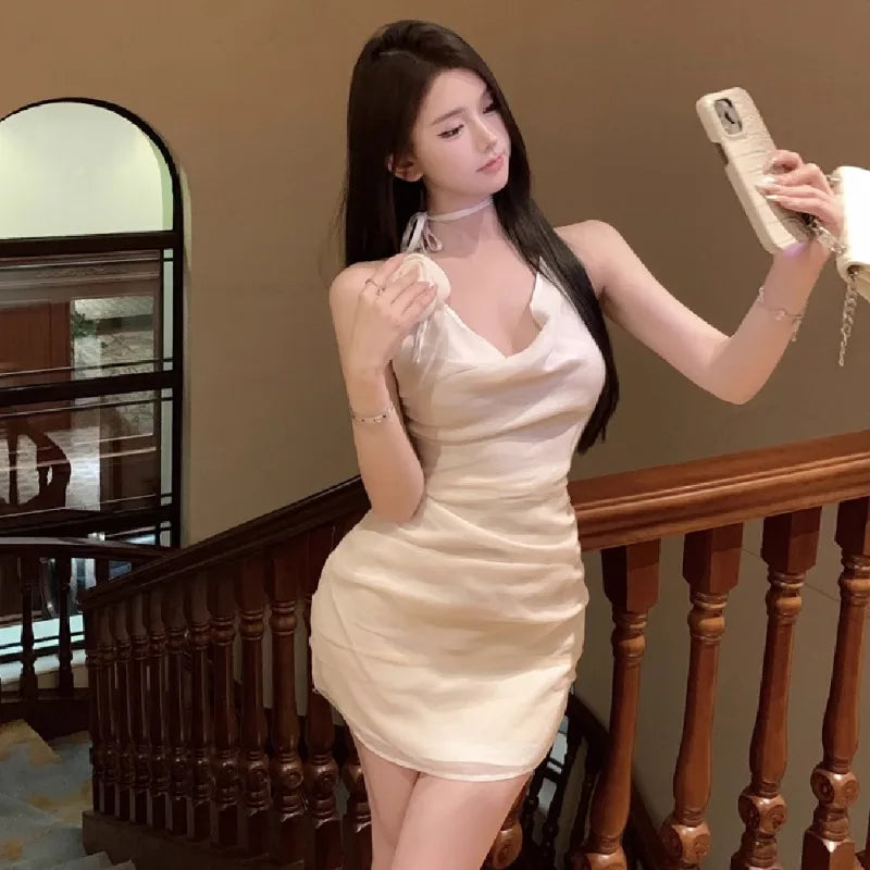 Hnewly  Mini Dresses Women Flowers Sexy Elegant Sleeveless Halter Slim Swinging Collar Ruched Backless Party Dress Female Club