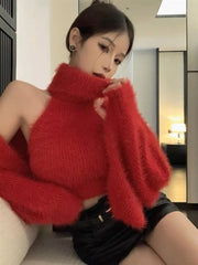 Hnewly  Simple Long Sleeve Knitted Cardigan Coat Women Turtleneck Slim Fit Vest Autumn Winter New Waterproof Mink Two Piece Sets