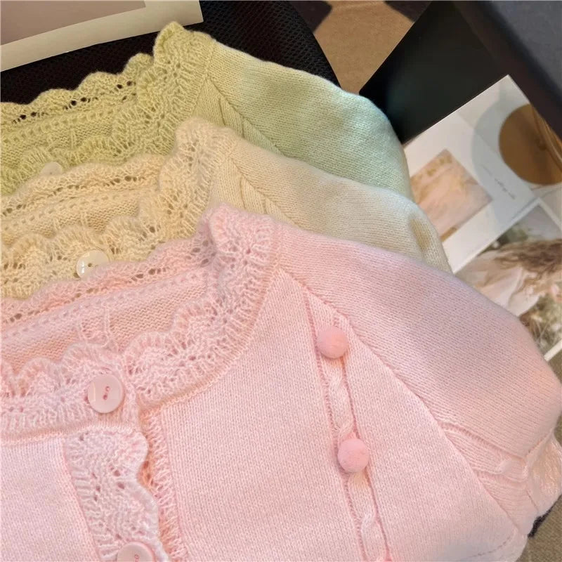Hnewly  Korean Sweater Cardigan Women's Spring Autumn 2025 Versatile Soft Knitted Jacket Elegant Lace Single Breasted Long Sleeved Top