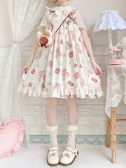 Hnewly  Kawaii Sweet Loose Lolita Print Dress Women's Summer Design Sling Bow Lace Lovely Dresses Female Fashion Pretty A-line Dresses