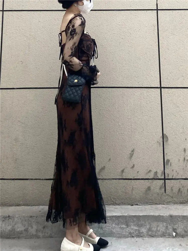 Hnewly Spring Vintage Lace Dress Women Casual Even Party Dress Korean Fashion Clothing Outwear Slim Bodycon Black Dress Female Y2k