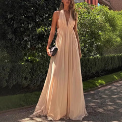 Hnewly New Summer Deep V-neck Long Evening Dress with Folded Hanging Neck and backless Dress