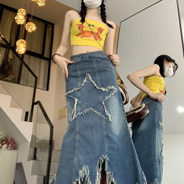 Hnewly  American Vintage Washed Irregular Denim Skirts Y2k Mid-length Star Skirt for Women 2025 Summer Low-waist Falda Sexy Mujer