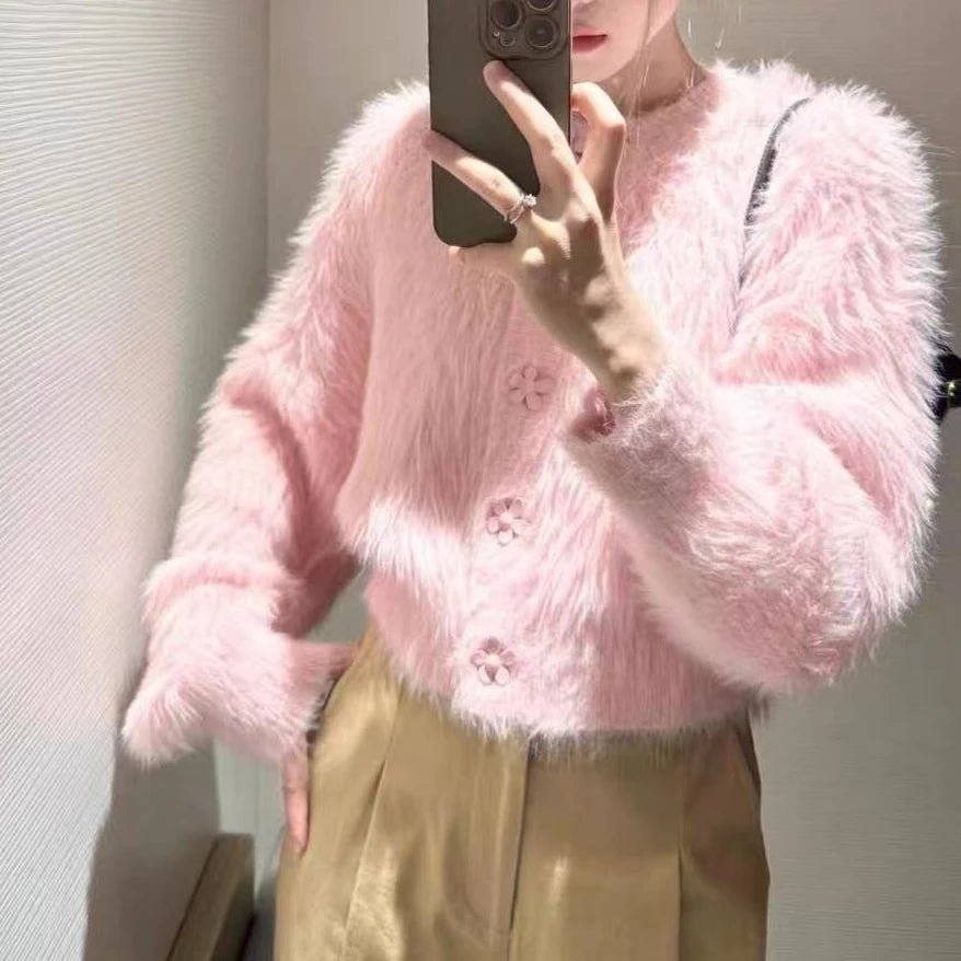 Hnewly  Flower Button Fuzzy Knit Sweater Cardigan Warm Fluffy Button-up Crop Sweater Jacket Knitwear Teen-girl Fall Winter Cute Outfit
