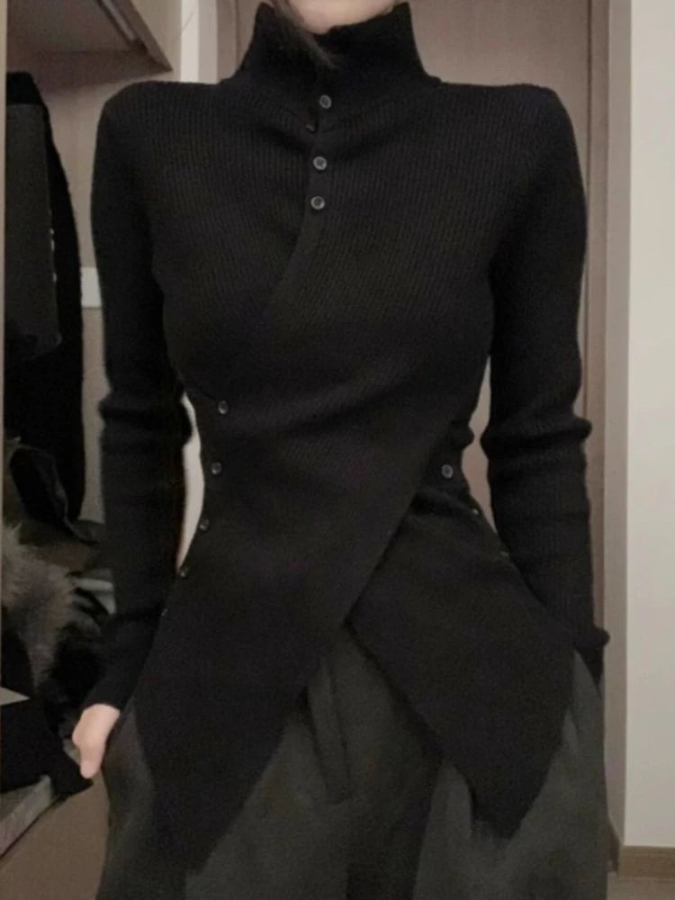 Hnewly  Oversize Irregular Slim Fit Bottoming Sweaters Simple Black Turtleneck Knitted Tops Women Autumn New Long Sleeve Cardigan