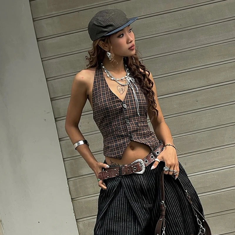 Hnewly Plaid Print Vintage V-neck Buttons Retro Casual Halter Crop Top Y2K Summer Daily Sweet Cute Outdoor New All-Match Vest