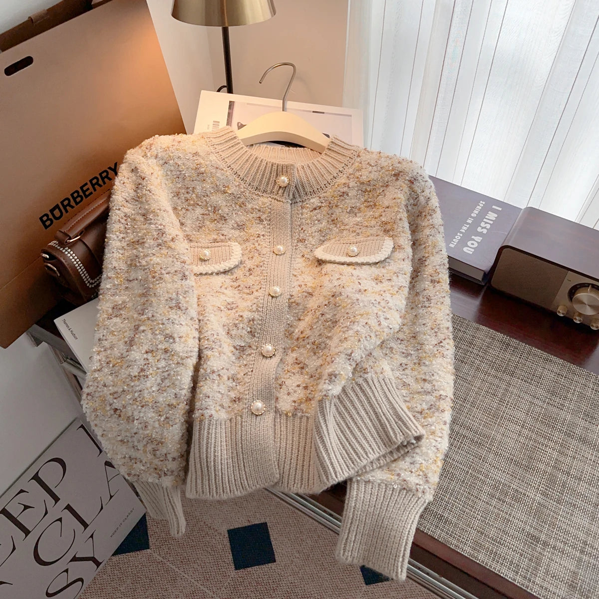 Hnewly  Luxury Pearl Button Sweater Women O-Neck Long Sleeve Cardigan Coat  Single Breasted Warm Jacket Casual All-Matched Knitwear Top