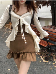 Hnewly American Style Vintage 2 Piece Set Spicy Girl Sexy Sleeveless Mini Dress + Knitted Ruffle Y2k Cardigan Korean Fashion Suit Woman