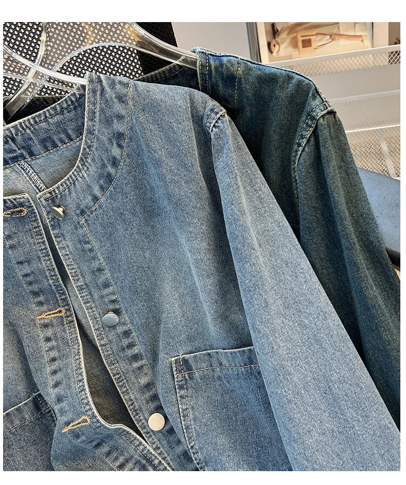 Hnewly  Light Blue Retro Denim Jacket Women's Spring Single Breasted Loose Cardigan Short Top Autumn O-Neck Long Sleeve All-Matched Top