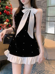 Hnewly  Elegant Dresses Women Sweet Fashion Bow Halter Beaded Vintage French Style Chic Sexy Mini Dress Patchwork Female