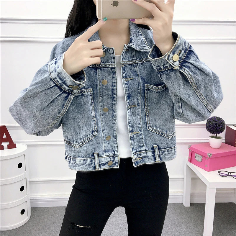 Hnewly Jean Jacket for Women Spring Autumn New Korean Bat Sleeved Short Top Loose BF Style Student Fashion Turn-down Collar Denim Coat