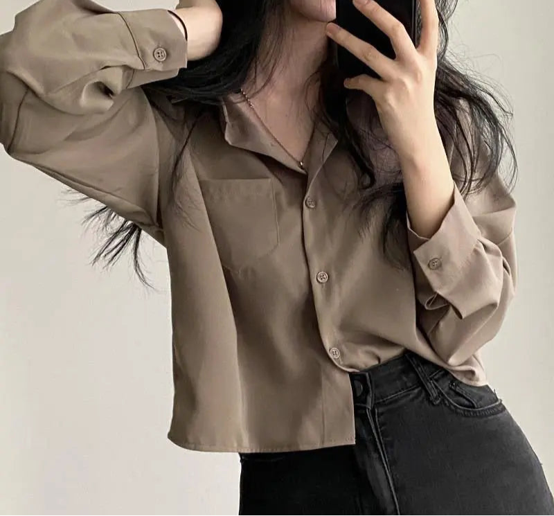 Hnewly Shirts Women Korean Style Vintage Fashion Turn-down Collar All-match Design Single Breasted Crop Top BF Ladies Harajuku Leisure