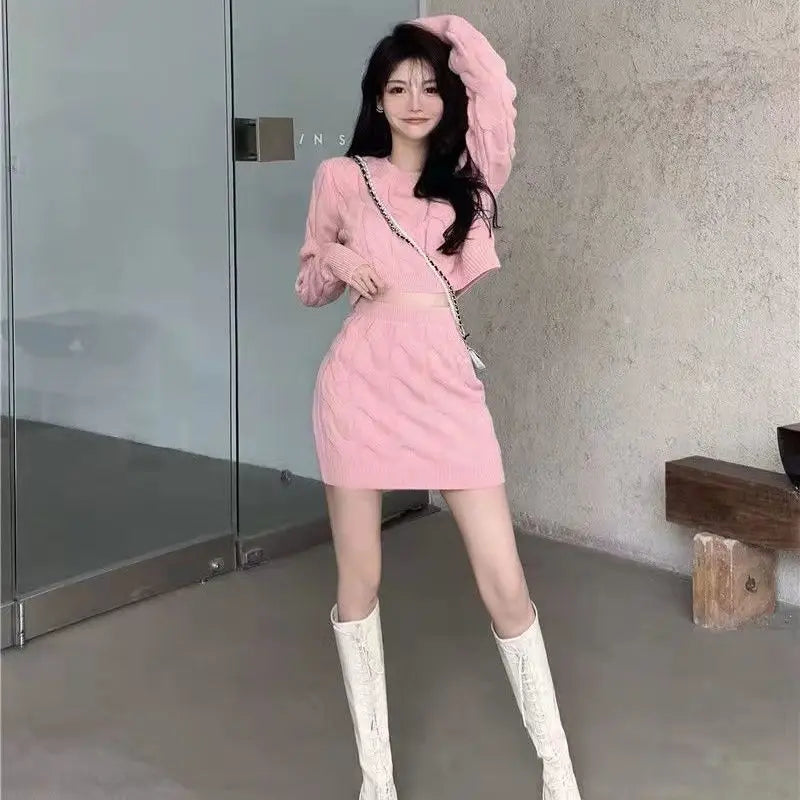 Hnewly Two Piece OF Pullover Autumn/Winter Knitted Sweater Set Pure Desire Short Sweater Sexy Spicy Girl Arm Wrap Skirt Sweater Female