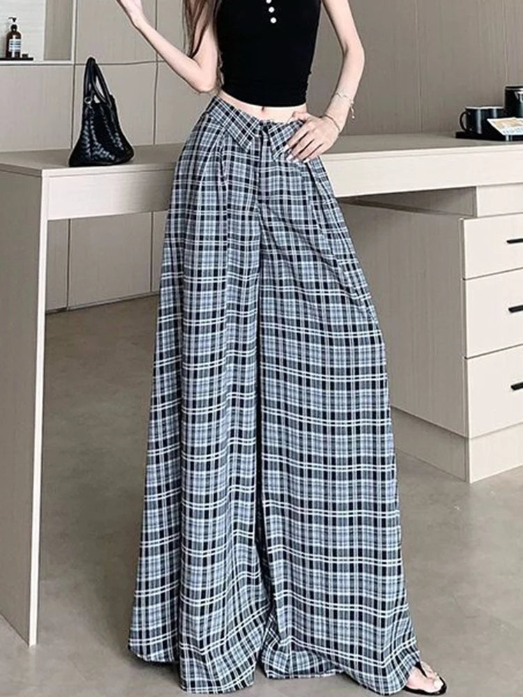 Hnewly Chic Plaid Wide Leg Pants Women Fashion Oversize Loose High Waist Straight Trousers Summer Korean Lady Elegant Korean Pant