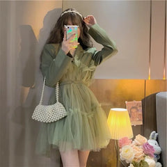 Hnewly  Princess Dress Long Sleeve Blazer Tulle  Mini Skirt Fashion Girls Elegant Casual Dresses Sweet Fairy Clothing