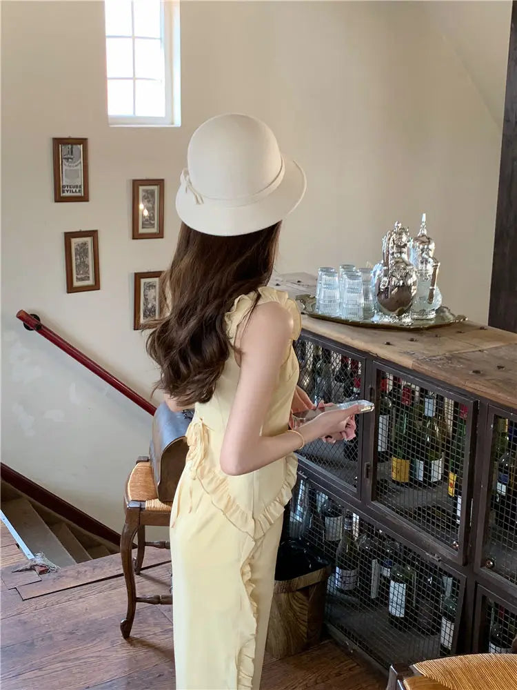 Hnewly  Elegant Dresses Women Sleeveless Ruffles Patchwork Split Bandage Summer Fashion Sweet Female Dress Holiday Casual