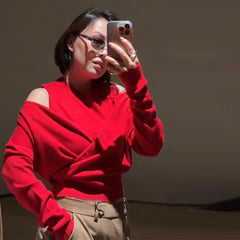 Hnewly  Sexy Off Shoulder Knit Sweater Women Red Fake 2 Piece Buttons Long Sleeve Cropped Pullover Autumn Winter Lady Chic Knitwear