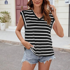 Hnewly  Women's Stripe Print Sleeveless T-Shirt V-Neck Vest Loose and Casual