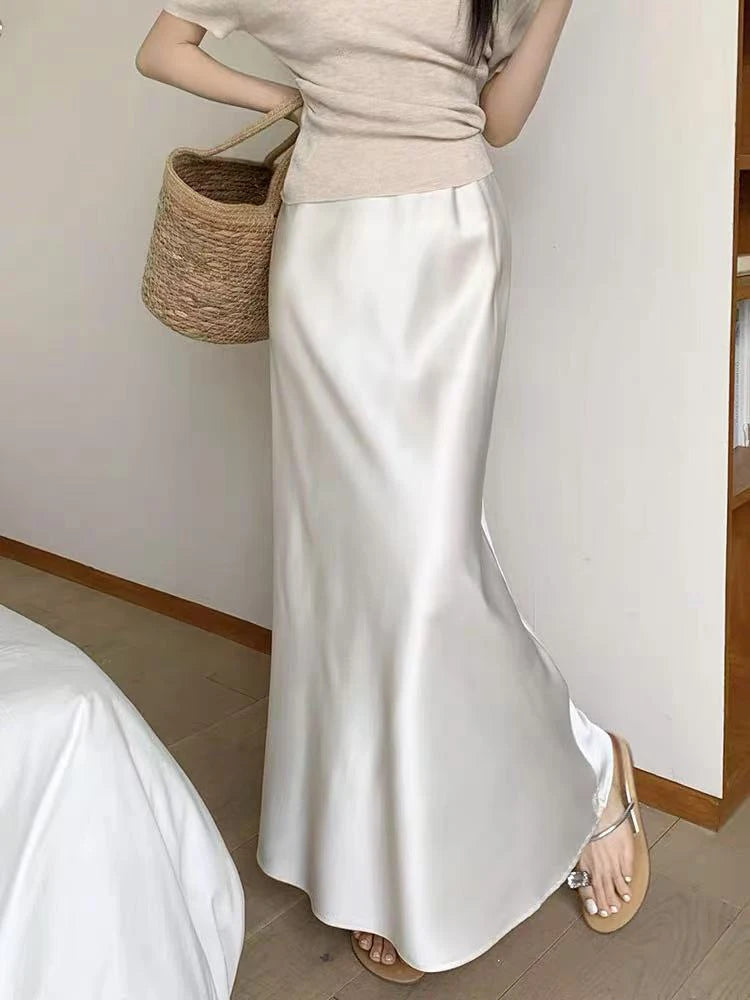 Hnewly Elegant Satin Midi Skirts for Women Summer High Waist Korean Office Ladies Skirt Y2K Fashion Night Party Club Fishtail Skirt New