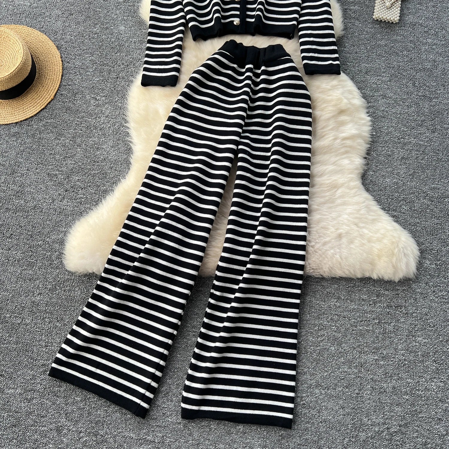 Hnewly  Elegant Knitted Set for Women's High End Versatile Round Neck Striped Knitted Cardigan+High Waist Casual Wide Leg Pants 2PCS