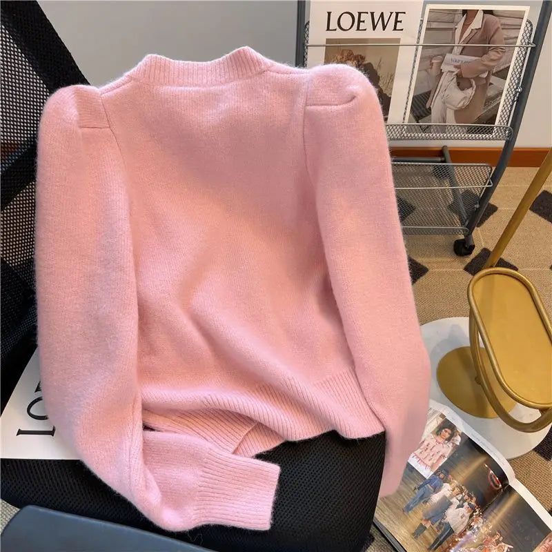 Hnewly  Elegant Metal Button Sweater Solid Long Sleeve Korean  O-Neck Puff Sleeve Knit Cardigan Coat Women Spring  Autumn Loose Top