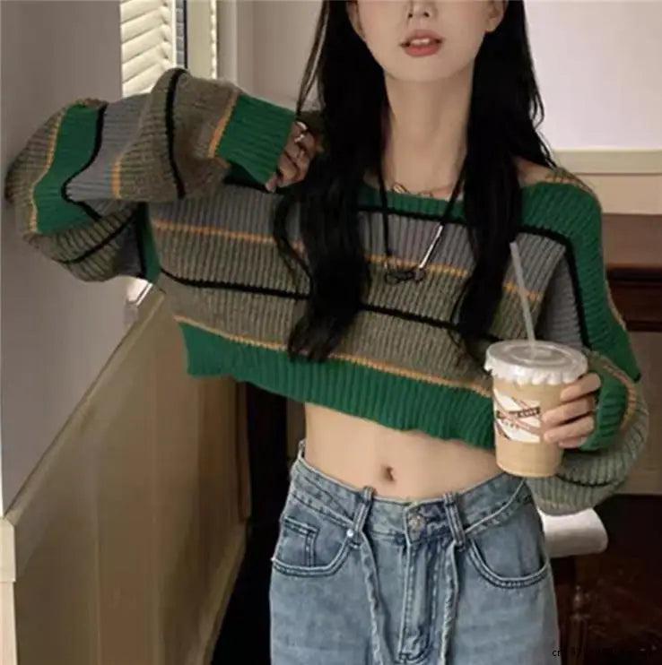 Hnewly Women Fashion Cropped Sweater Sexy Tops Women Black White Striped Loose Pullover Knitted Sweater Fashion Jumper