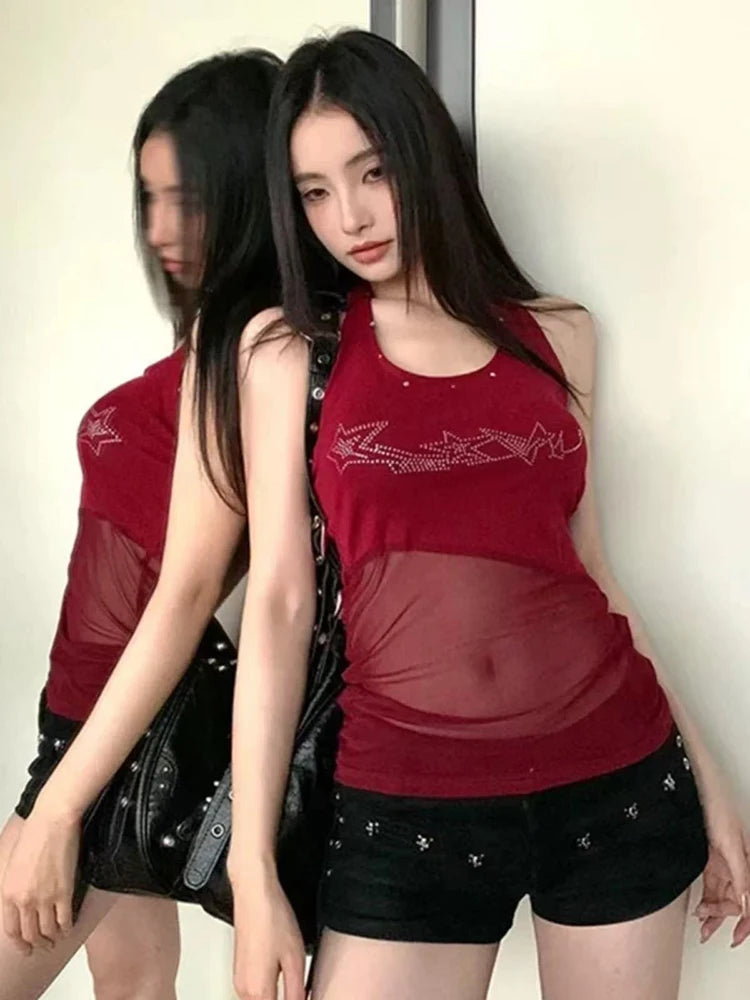 Hnewly Retro Halter Neck Camis for Women Summer Sexy U Neck Streetwear Sleeveless Crop Tops Y2K Aesthetic Mesh Patchwork Hot Girls Tank