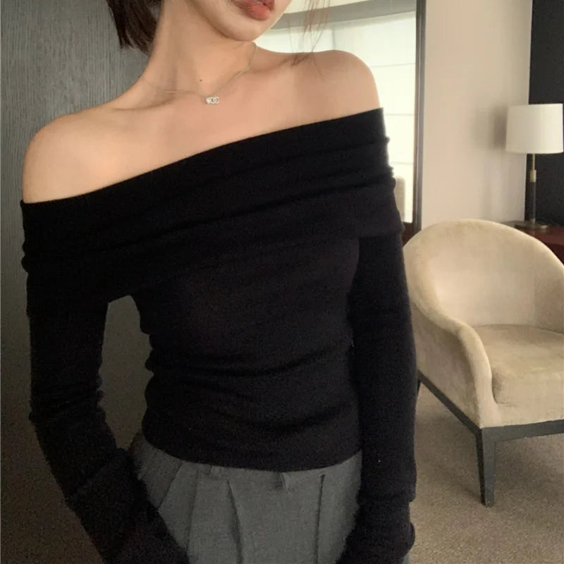 Hnewly FALL OUTFITS Elegant Ribbed Solid Crop Top Women Autumn Winter Skinny Tops Off Shoulder Long Sleeve T Shirt French Basic Tight Black T-shirt