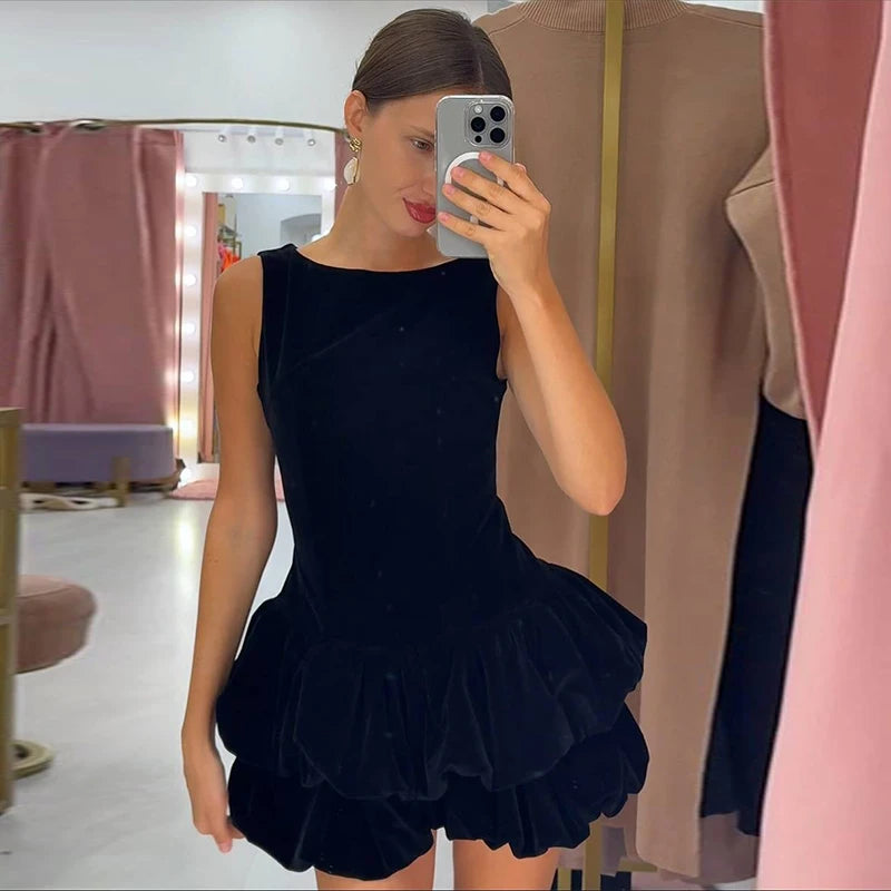 Hnewly  Velvet Women's Party Dress O-neck Sleeveless Slim Waist A-line Double-layered bud Female Dresses Autumn Christmas Sexy Robe