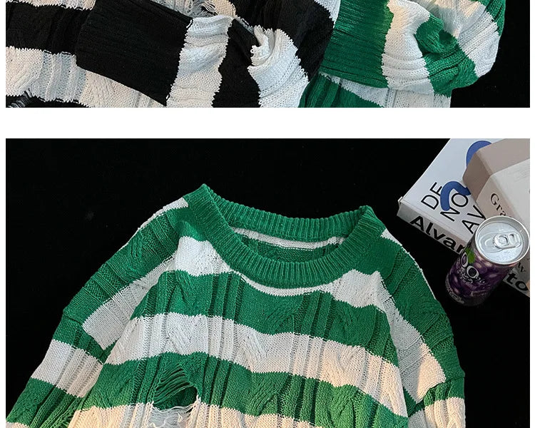 Hnewly  Women Striped Retro Knitted Sweater Spring Autumn Loose Versatile Pullover Casual Fashion Holes Round Neck Long Sleeved Top