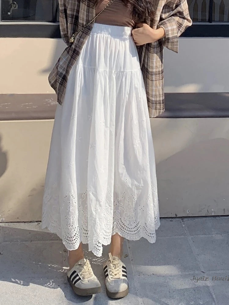 Hnewly   Hollow Lace Spliced White Long Skirt 2025 Spring Summer New Elastic Waist Cotton A-line Vacation Beach Boho Skirt