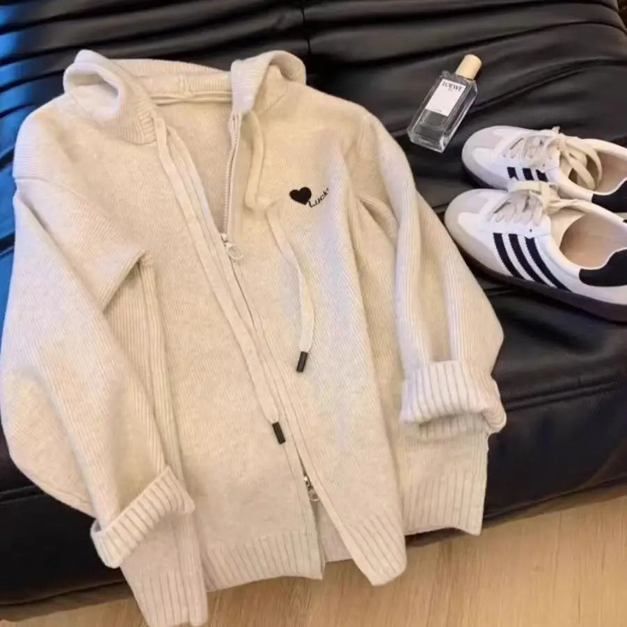 Hnewly Gray Hooded Sweater Coat Autumn Winter Double Zipper Long Sleeve Loose Fashion Korean Soft Thickened Knitted Tops Coats