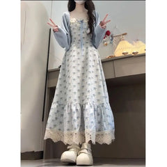 Hnewly  Summer New Lace Splicing College Style Gentle Waist Cinching Slimming Doll Collar Floral Print Dress High Waist A-Line S...