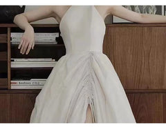 Hnewly  Women's New Satin Hanging Neck Light Wedding Dress, Bridal Evening Dress, Fashionable and Slim, Simple White Split Dress