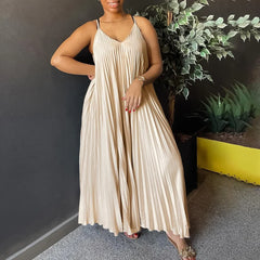 Hnewly  Women's summer new suspender pleated sexy fashion casual A-line skirt solid color maxi dress dress