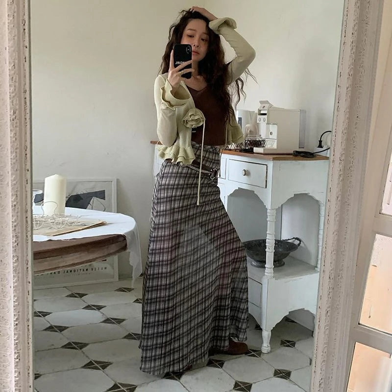 Hnewly  Vintage Plaid Skirt Women Korean Style Y2k Mesh Long Skirts Elegant Sweet Harajuku Retro Fashion Skirts Streetwear