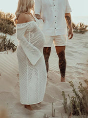 Hnewly  Boho Knit Maternity Dress Bell Sleeve Crochet Pregnancy Gown for Photoshoot Baby Shower Maternity Photography Beach Dress
