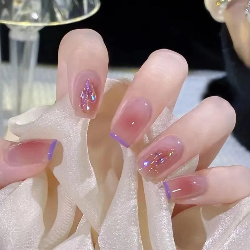 Hnewly 24Pcs/Box Gradient Color Artifical Press On Nails With Glue Long Coffin Fake Nails Lovely Girls Nail Art Ballerina False Nails