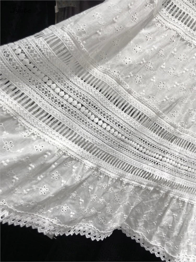 Hnewly   Hollow Lace Spliced White Long Skirt 2025 Spring Summer New Elastic Waist Cotton A-line Vacation Beach Boho Skirt