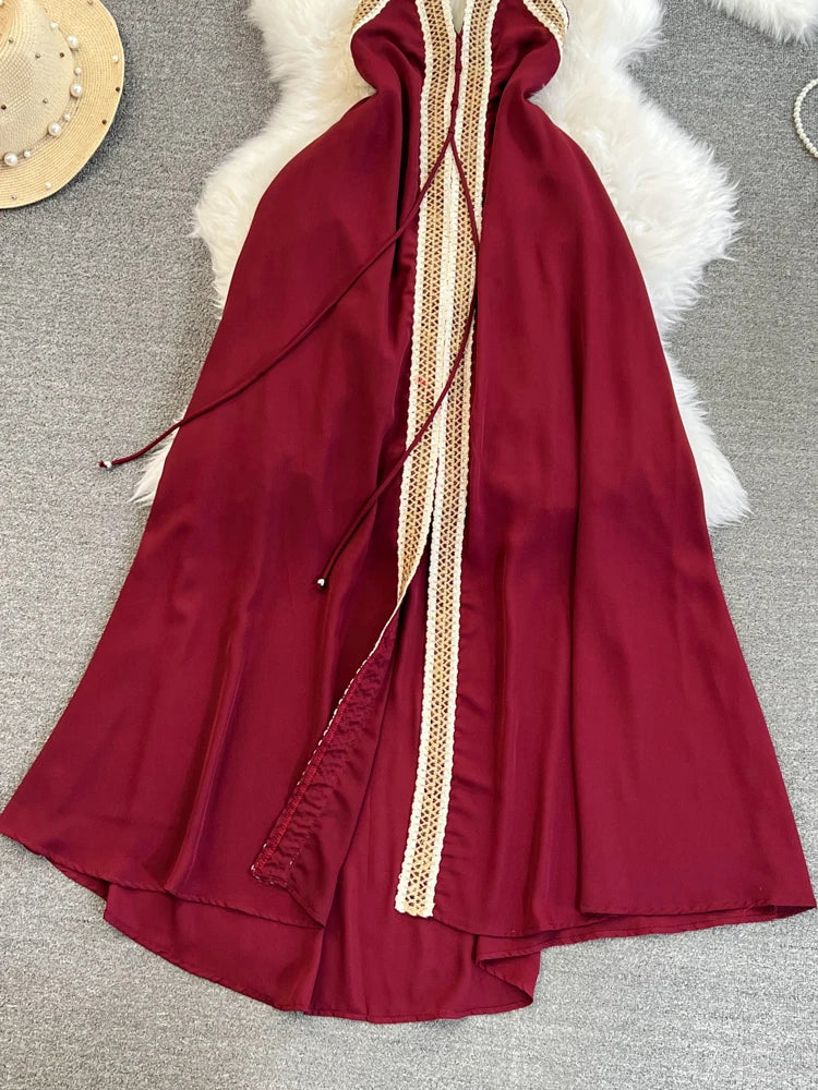 Hnewly  Temperament Hanging Neck Dress Elegant Hollow Out Backless Slit A-line Large Hem Dress Women's Beach Vacation Long Dress