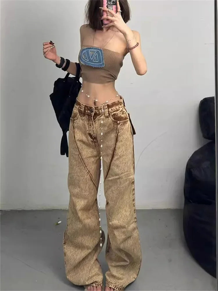 Hnewly Women's Street Style Retro Brown Unisex Jeans Vintage Fashion Cool Girl Bottoms Female High Waist Straight Cargo Trousers