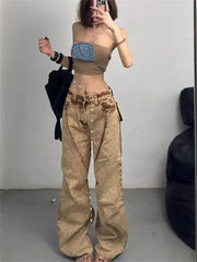 Hnewly Women's Street Style Retro Brown Unisex Jeans Vintage Fashion Cool Girl Bottoms Female High Waist Straight Cargo Trousers