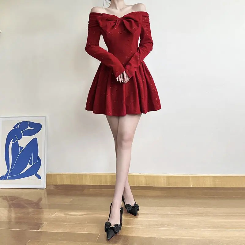 Hnewly NEW YEAR DRESS Holiday Christmas Bow Velvet A-Line Red Dress Slim Slash Neck Long Sleeve Mini Dresses For Women Autumn Winter Lady
