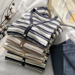 Hnewly  Women's Retro Striped Sweater Korean V-neck Contrasting Spring Autumn Long Sleeved Knitted Cardigan Coat  All-Matchded Loose Top